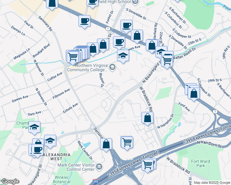 map of restaurants, bars, coffee shops, grocery stores, and more near 5100 Fillmore Avenue in Alexandria