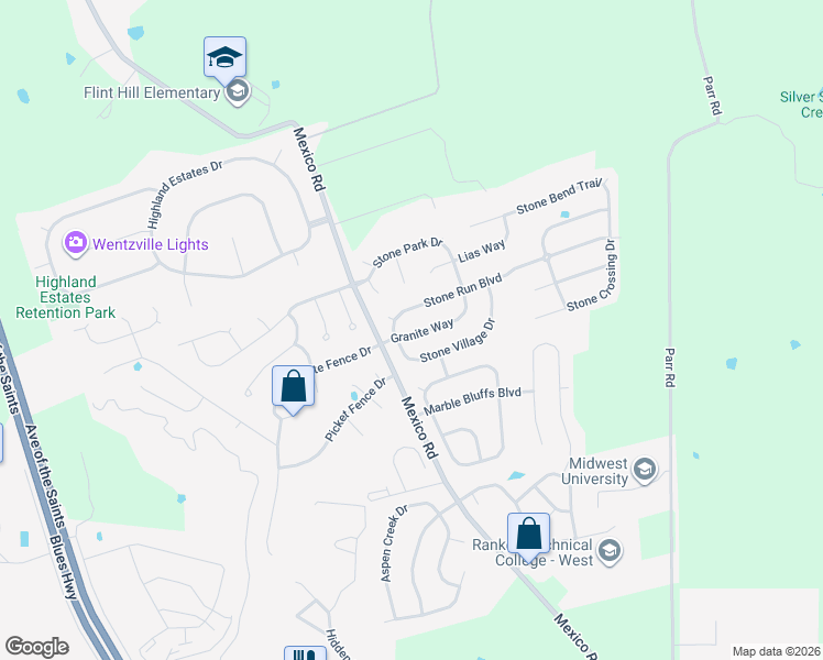 map of restaurants, bars, coffee shops, grocery stores, and more near 107 Granite Way in Wentzville