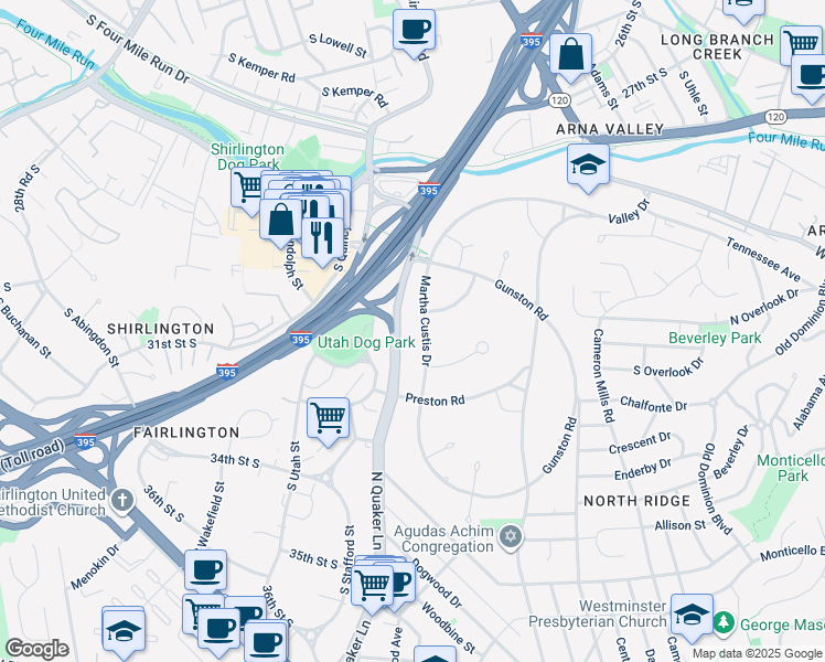 map of restaurants, bars, coffee shops, grocery stores, and more near 3504 Martha Custis Drive in Alexandria