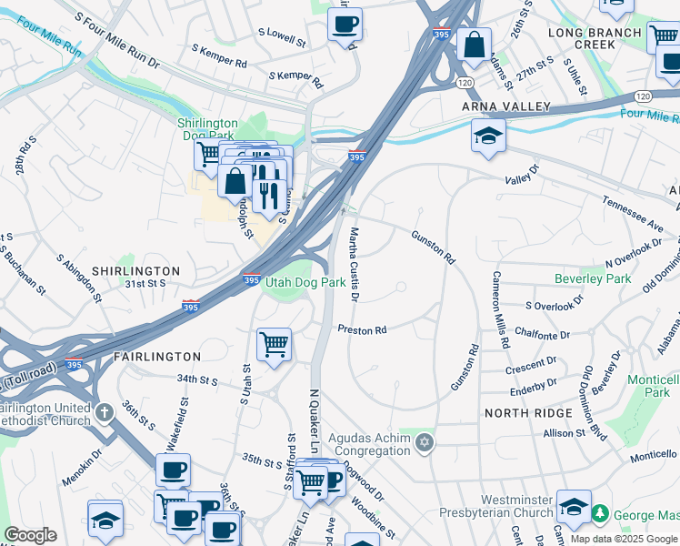 map of restaurants, bars, coffee shops, grocery stores, and more near 3504 Martha Custis Drive in Alexandria