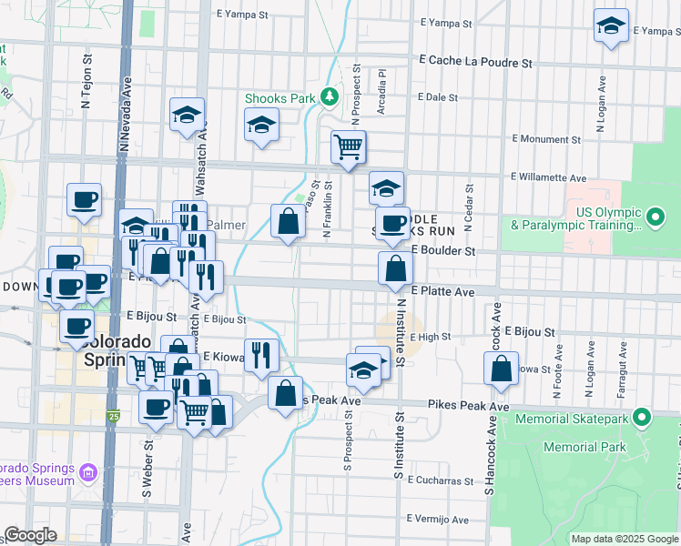 map of restaurants, bars, coffee shops, grocery stores, and more near 742 East Platte Avenue in Colorado Springs