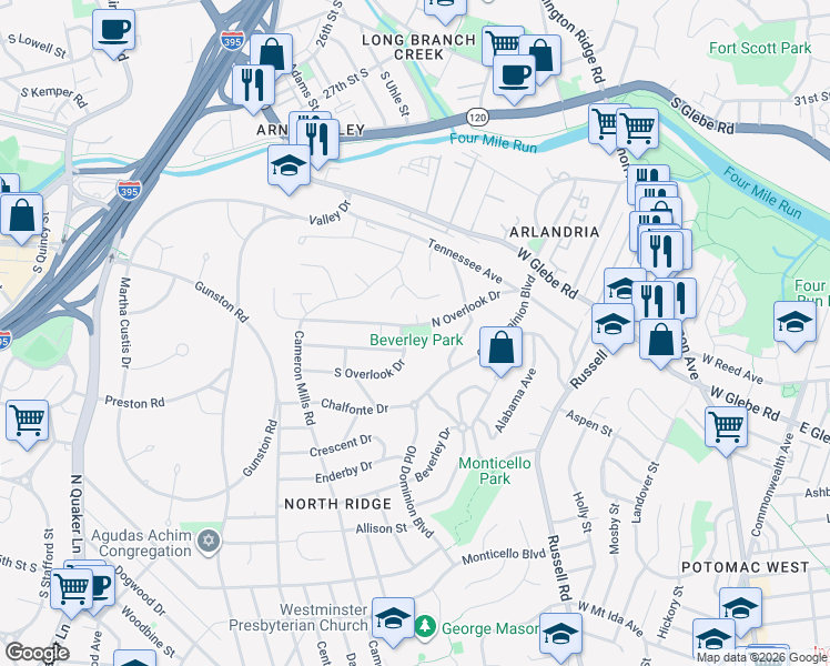 map of restaurants, bars, coffee shops, grocery stores, and more near 620 North Overlook Drive in Alexandria