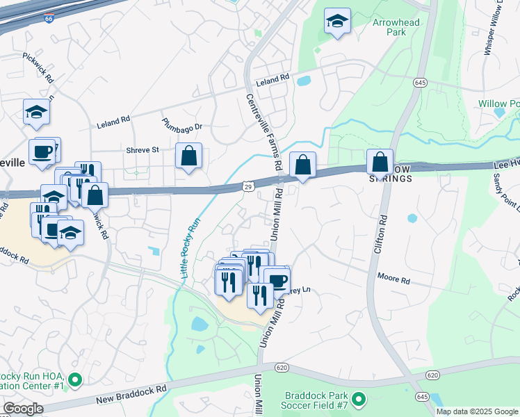 map of restaurants, bars, coffee shops, grocery stores, and more near 13512 Covey Lane in Clifton