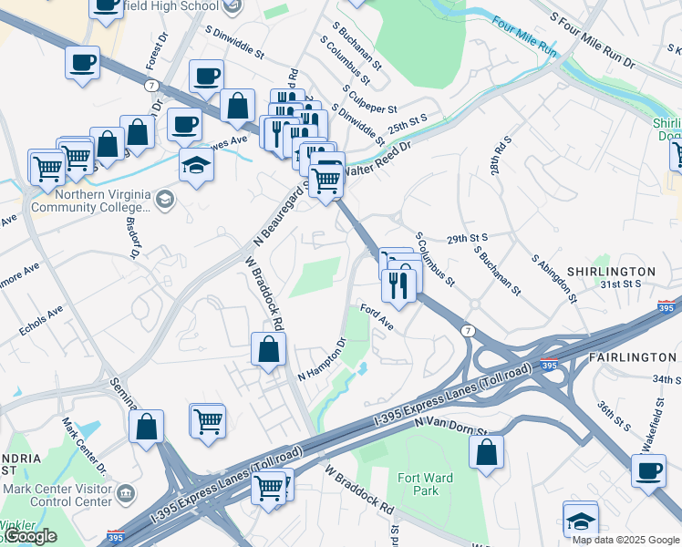 map of restaurants, bars, coffee shops, grocery stores, and more near 3330 South 28th Street in Alexandria