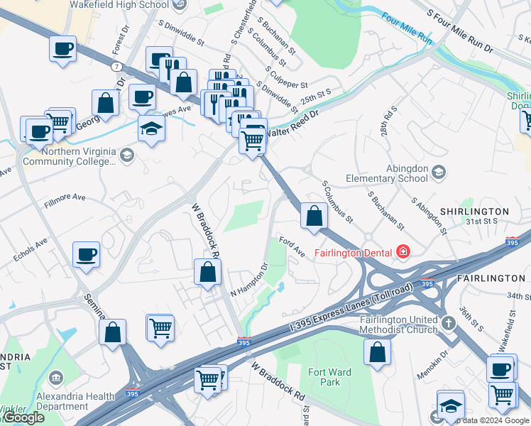 map of restaurants, bars, coffee shops, grocery stores, and more near 3320 South 28th Street in Alexandria