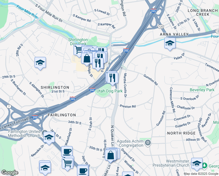 map of restaurants, bars, coffee shops, grocery stores, and more near 3191 South Utah Street in Arlington