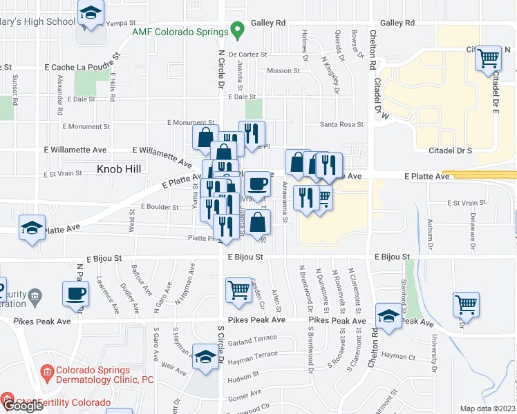 map of restaurants, bars, coffee shops, grocery stores, and more near 410 Tia Juana Street in Colorado Springs