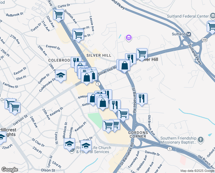 map of restaurants, bars, coffee shops, grocery stores, and more near 3713 Wilkinson Drive in Hillcrest Heights