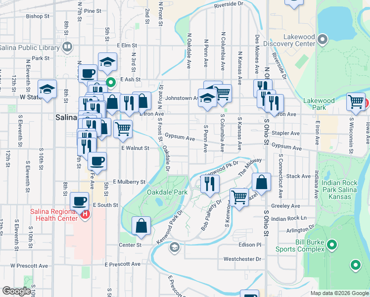 map of restaurants, bars, coffee shops, grocery stores, and more near 211 South Oakdale Avenue in Salina