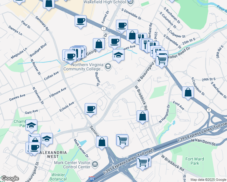 map of restaurants, bars, coffee shops, grocery stores, and more near 5100 Fillmore Avenue in Alexandria