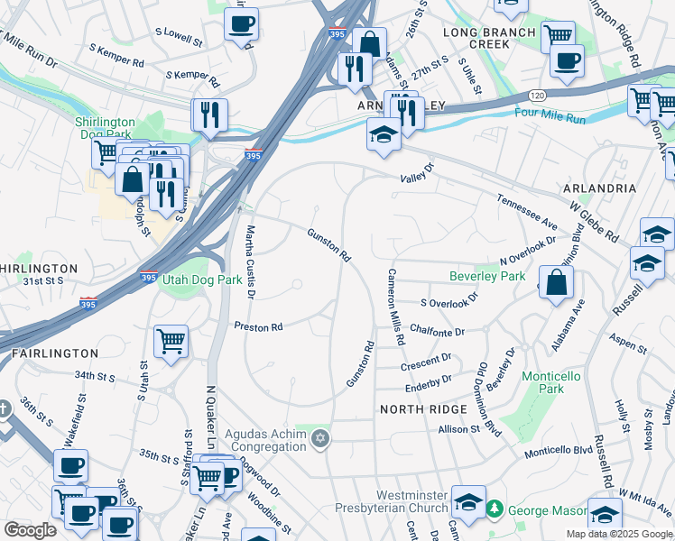 map of restaurants, bars, coffee shops, grocery stores, and more near 3528 Valley Drive in Alexandria