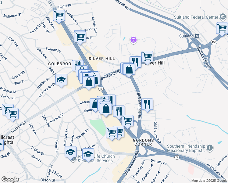 map of restaurants, bars, coffee shops, grocery stores, and more near 3733 Wilkinson Drive in Hillcrest Heights