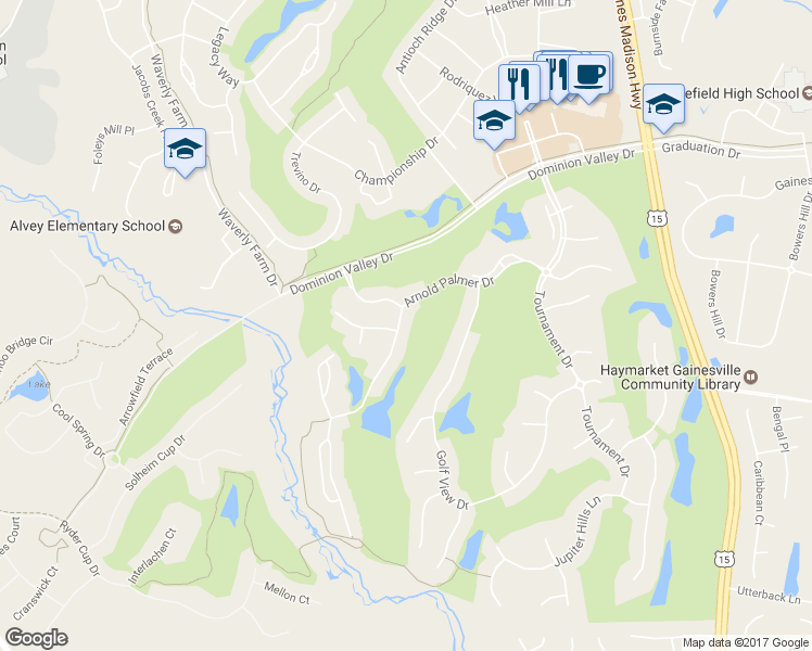 map of restaurants, bars, coffee shops, grocery stores, and more near 15427 Arnold Palmer Dr in Haymarket
