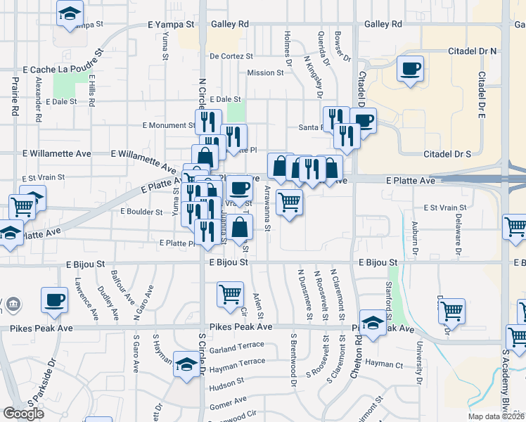 map of restaurants, bars, coffee shops, grocery stores, and more near 412 Arrawanna Street in Colorado Springs