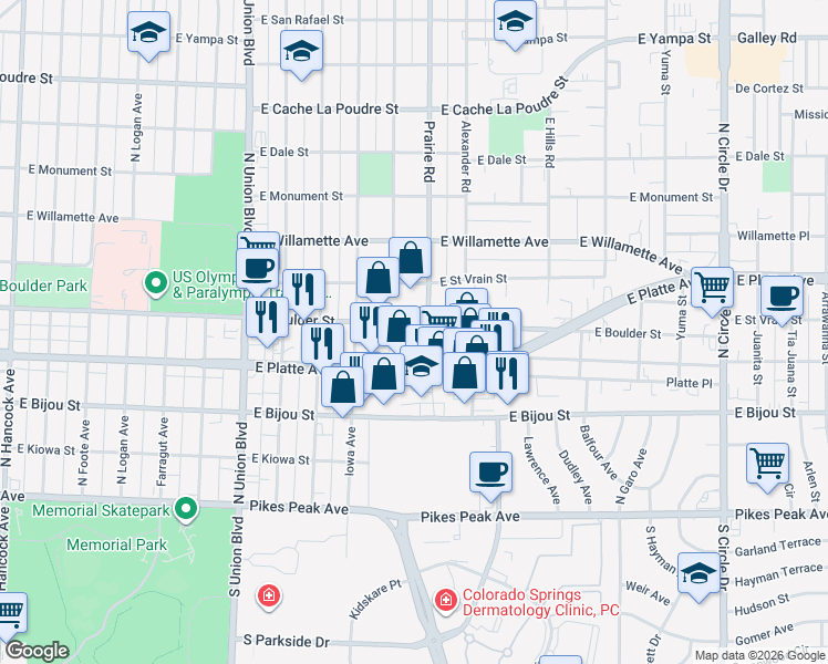 map of restaurants, bars, coffee shops, grocery stores, and more near 2203 East Boulder Street in Colorado Springs