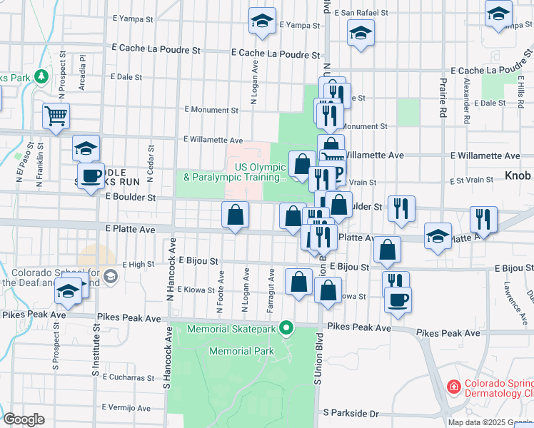 map of restaurants, bars, coffee shops, grocery stores, and more near 312 Farragut Avenue in Colorado Springs