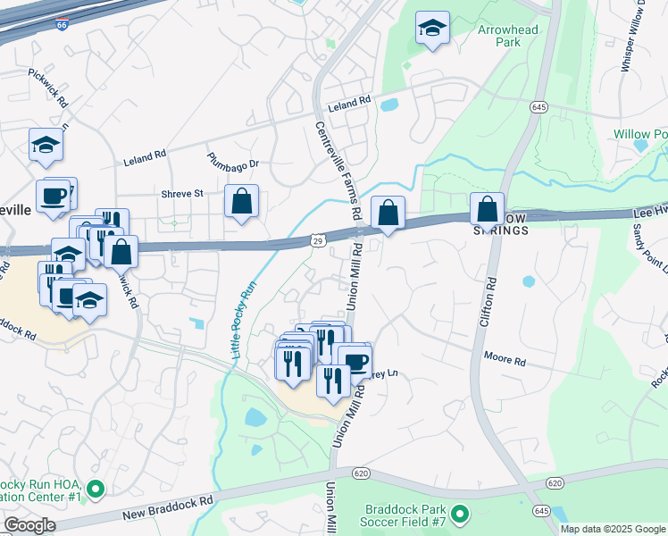 map of restaurants, bars, coffee shops, grocery stores, and more near 13512 Covey Lane in Clifton