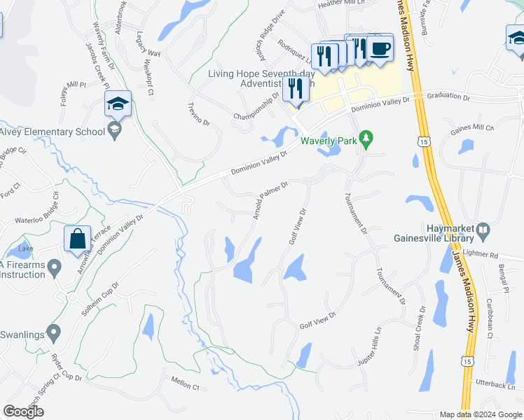 map of restaurants, bars, coffee shops, grocery stores, and more near 15427 Arnold Palmer Dr in Haymarket
