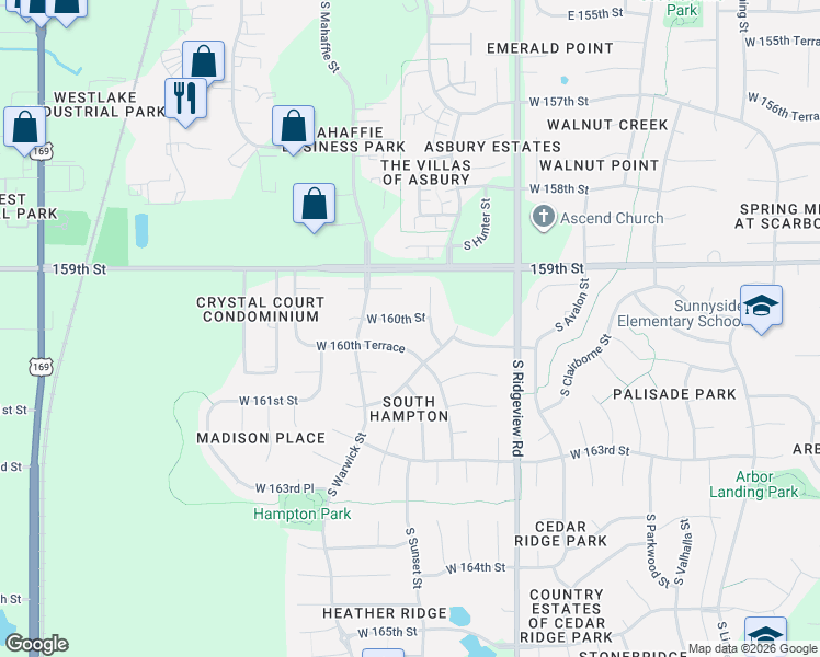 map of restaurants, bars, coffee shops, grocery stores, and more near 18844 West 160th Terrace in Olathe