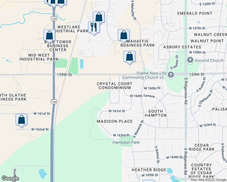 map of restaurants, bars, coffee shops, grocery stores, and more near 15970 South Skyview Lane in Olathe