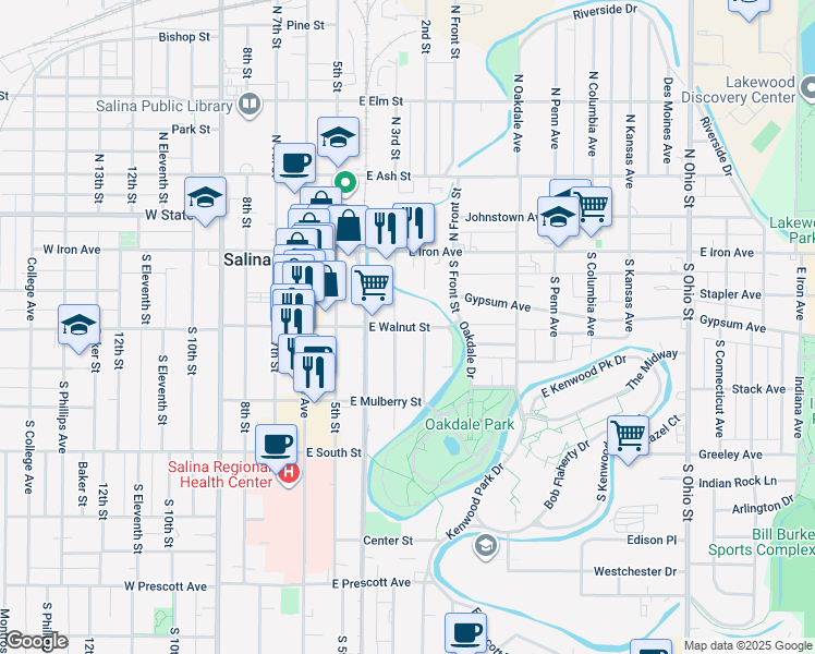 map of restaurants, bars, coffee shops, grocery stores, and more near 412 East Walnut Street in Salina