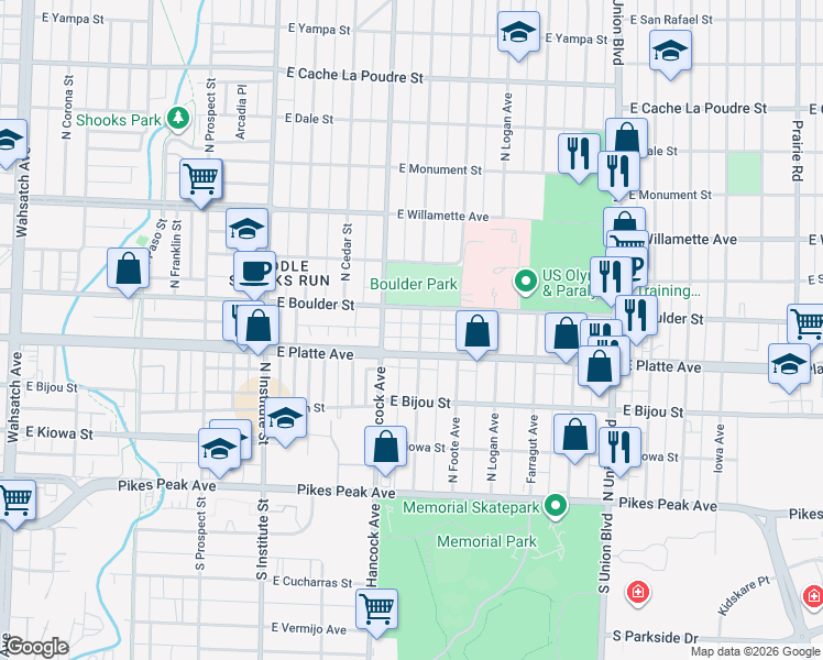 map of restaurants, bars, coffee shops, grocery stores, and more near 318 North Sheridan Avenue in Colorado Springs