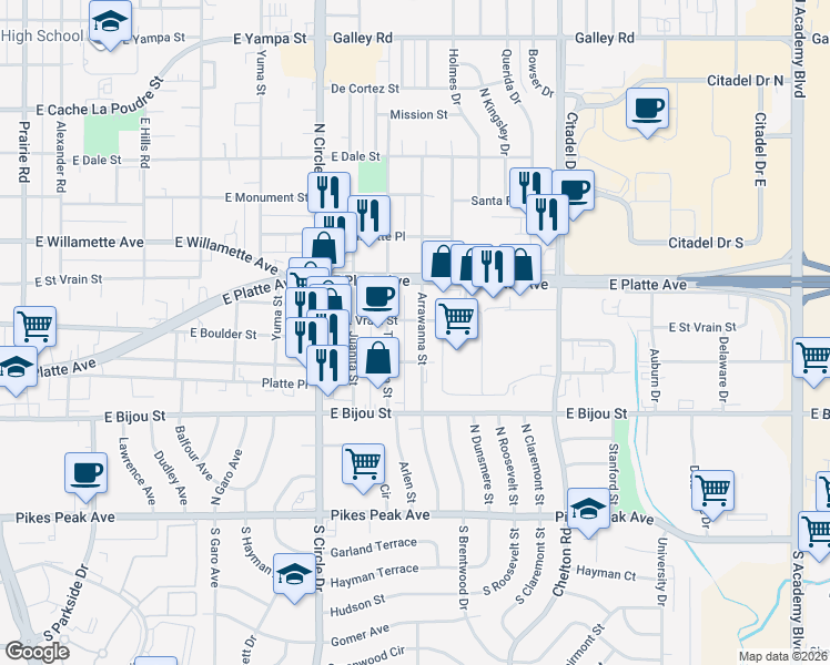 map of restaurants, bars, coffee shops, grocery stores, and more near 412 Arrawanna Street in Colorado Springs