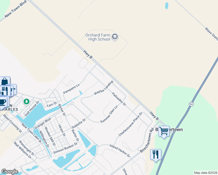 map of restaurants, bars, coffee shops, grocery stores, and more near 624 Palisades Drive in Saint Charles