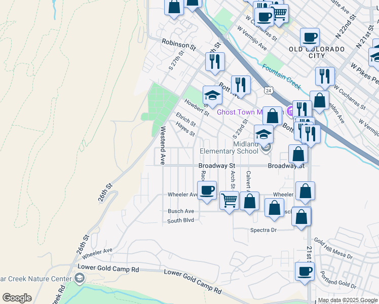 map of restaurants, bars, coffee shops, grocery stores, and more near 2501 Adams Street in Colorado Springs