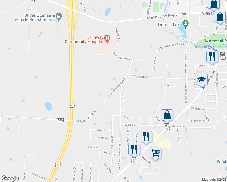 map of restaurants, bars, coffee shops, grocery stores, and more near 608 Old Jefferson City Road in Fulton