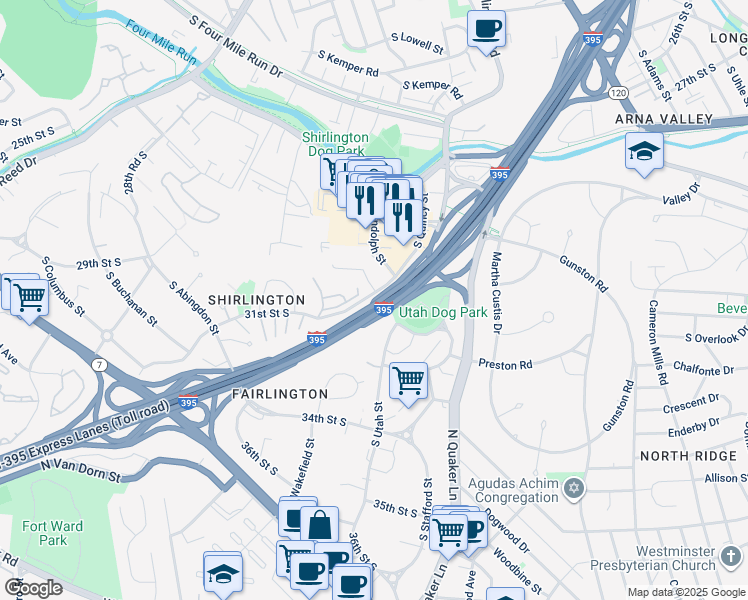 map of restaurants, bars, coffee shops, grocery stores, and more near 4196 31st Street South in Arlington