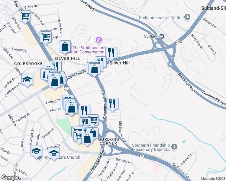 map of restaurants, bars, coffee shops, grocery stores, and more near 3800 Saint Barnabas Road in Hillcrest Heights