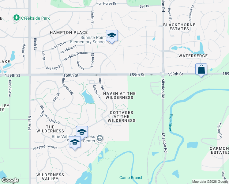 map of restaurants, bars, coffee shops, grocery stores, and more near 16019 Fontana Street in Overland Park