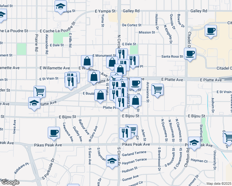 map of restaurants, bars, coffee shops, grocery stores, and more near 2724 East Boulder Street in Colorado Springs