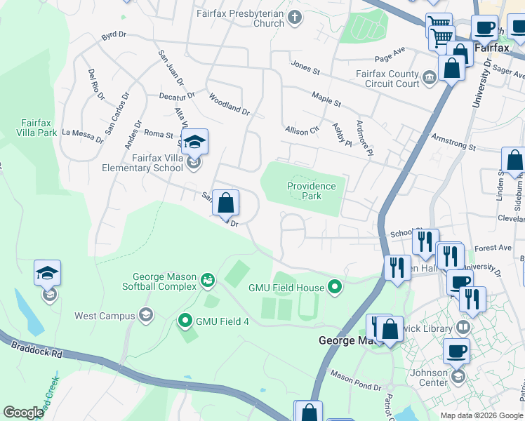 map of restaurants, bars, coffee shops, grocery stores, and more near 10829 Santa Clara Drive in Fairfax