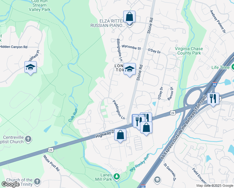 map of restaurants, bars, coffee shops, grocery stores, and more near 14824 Palmerston Square in Centreville