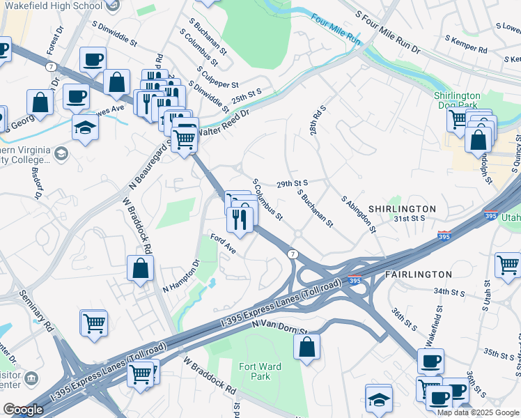 map of restaurants, bars, coffee shops, grocery stores, and more near 4900 29th Road South in Arlington