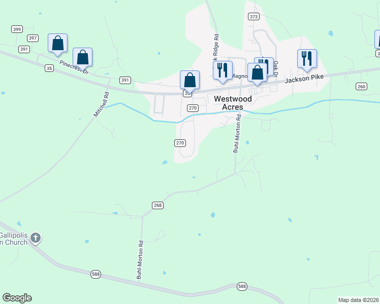 map of restaurants, bars, coffee shops, grocery stores, and more near 586 Jay Drive in Gallipolis