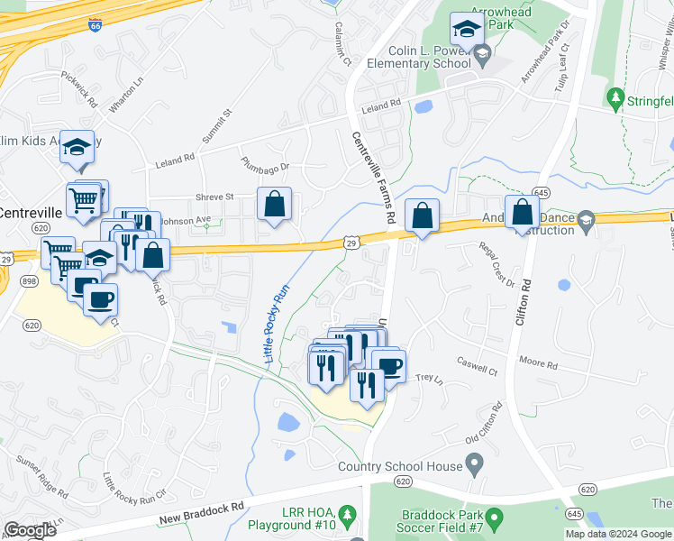map of restaurants, bars, coffee shops, grocery stores, and more near 13522 Gray Bill Court in Clifton