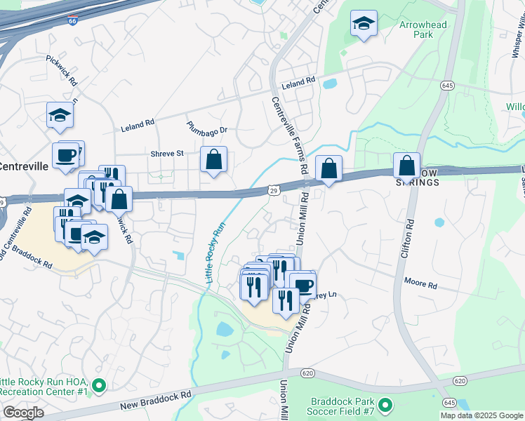 map of restaurants, bars, coffee shops, grocery stores, and more near 13522 Gray Bill Court in Clifton