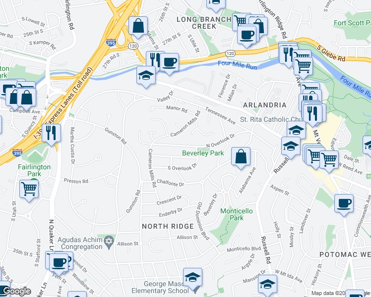 map of restaurants, bars, coffee shops, grocery stores, and more near 712 North Overlook Drive in Alexandria