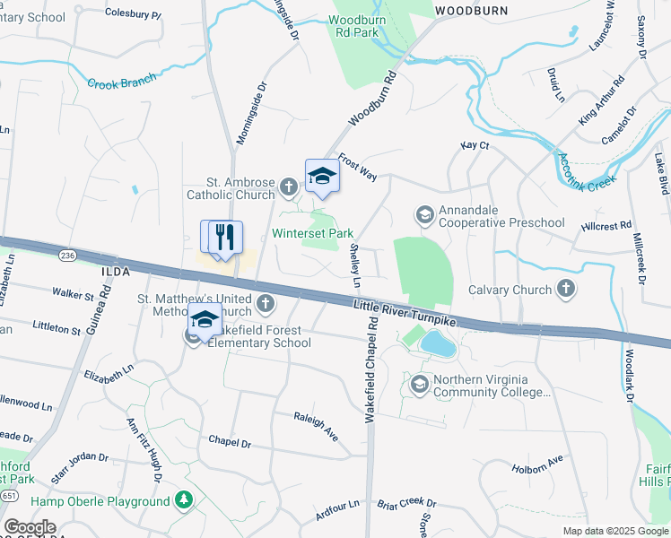 map of restaurants, bars, coffee shops, grocery stores, and more near 8604 Woodbine Lane in Annandale