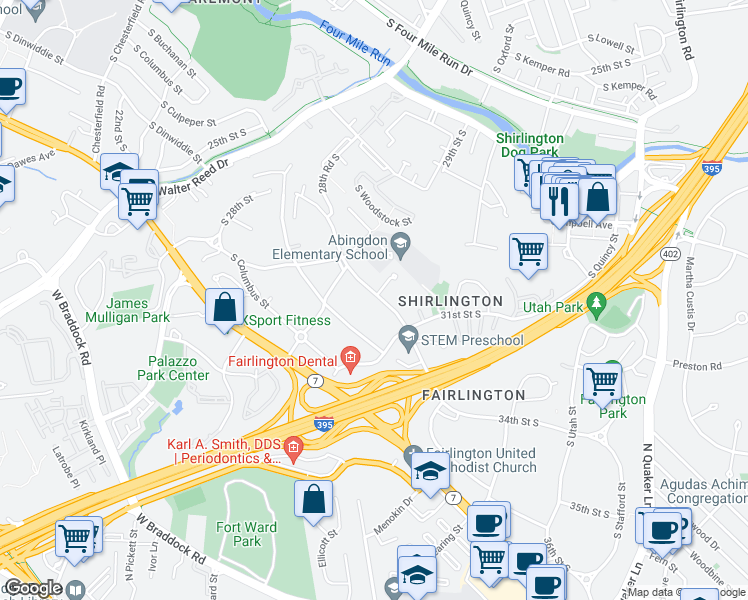 map of restaurants, bars, coffee shops, grocery stores, and more near 3068 South Abingdon Street in Arlington