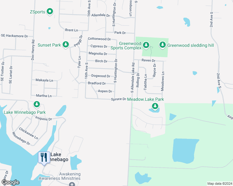 map of restaurants, bars, coffee shops, grocery stores, and more near 1401 South Huntington Drive in Greenwood