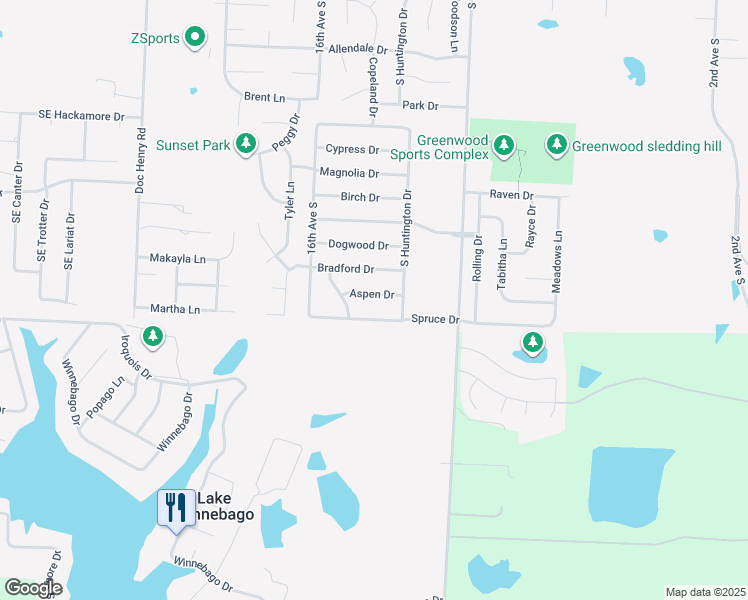 map of restaurants, bars, coffee shops, grocery stores, and more near 1304 Spruce Drive in Greenwood