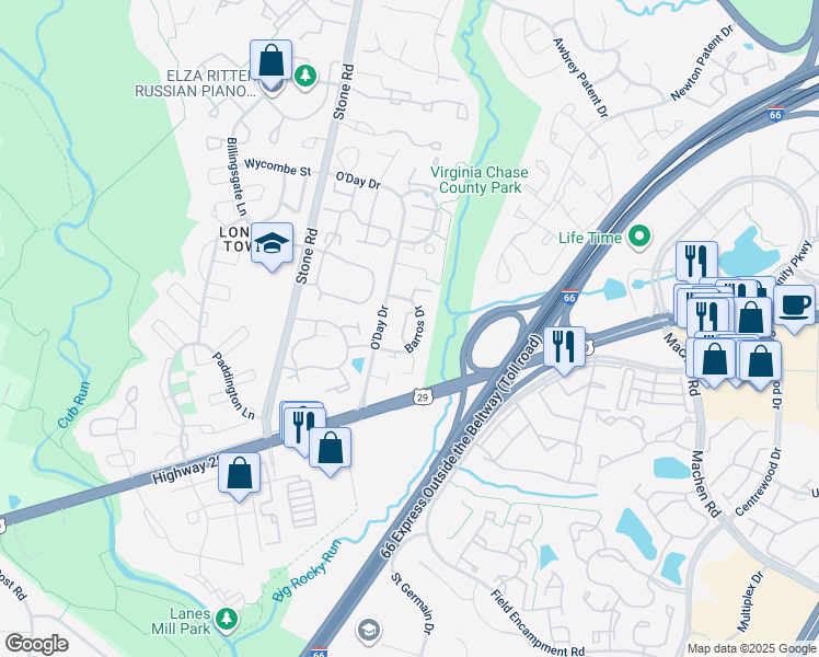 map of restaurants, bars, coffee shops, grocery stores, and more near 6123 Rocky Way Court in Centreville
