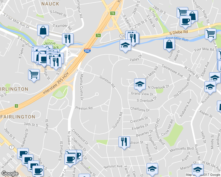map of restaurants, bars, coffee shops, grocery stores, and more near 3532 Valley Drive in Alexandria