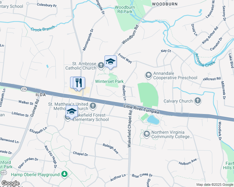 map of restaurants, bars, coffee shops, grocery stores, and more near 8604 Woodbine Lane in Annandale