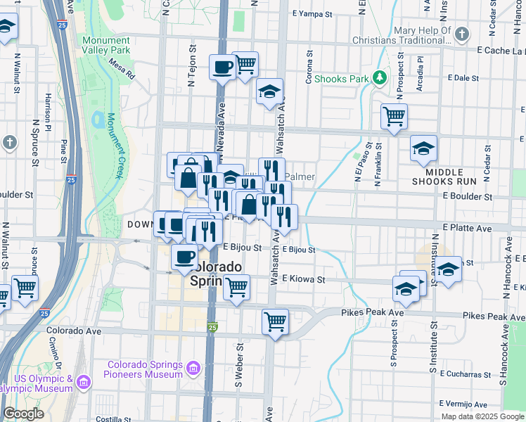 map of restaurants, bars, coffee shops, grocery stores, and more near in Colorado Springs