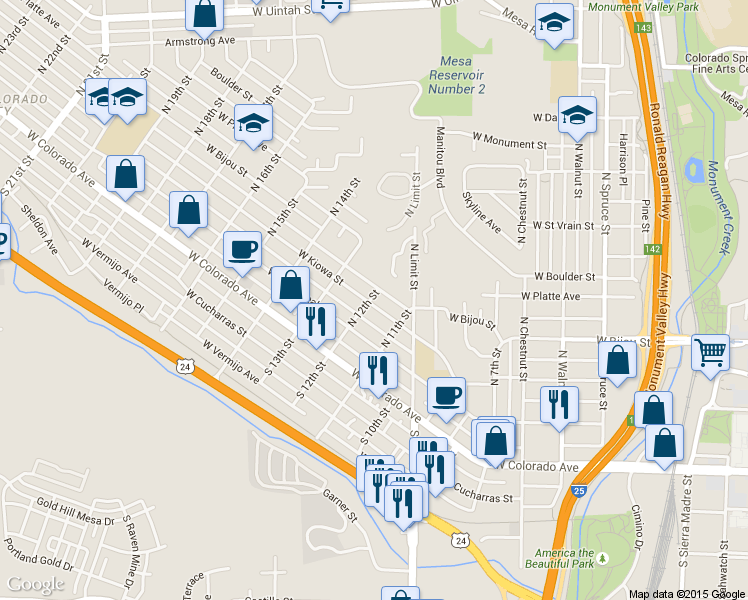 map of restaurants, bars, coffee shops, grocery stores, and more near 1129 West Kiowa Street in Colorado Springs